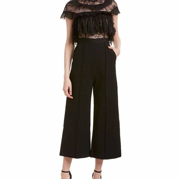 Self Portrait Fine Lace Black Cropped Wide Leg Jumpsuit. Size 2. - Picture 4 of 12
